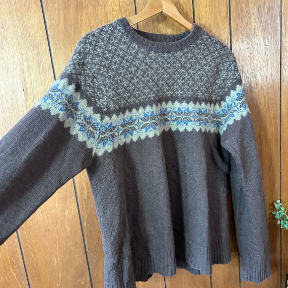 Vintage Fossil Brand Jeans Mens Fair Isle Snowflake Crew Neck Sweater XL Brown - Picture 4 of 8